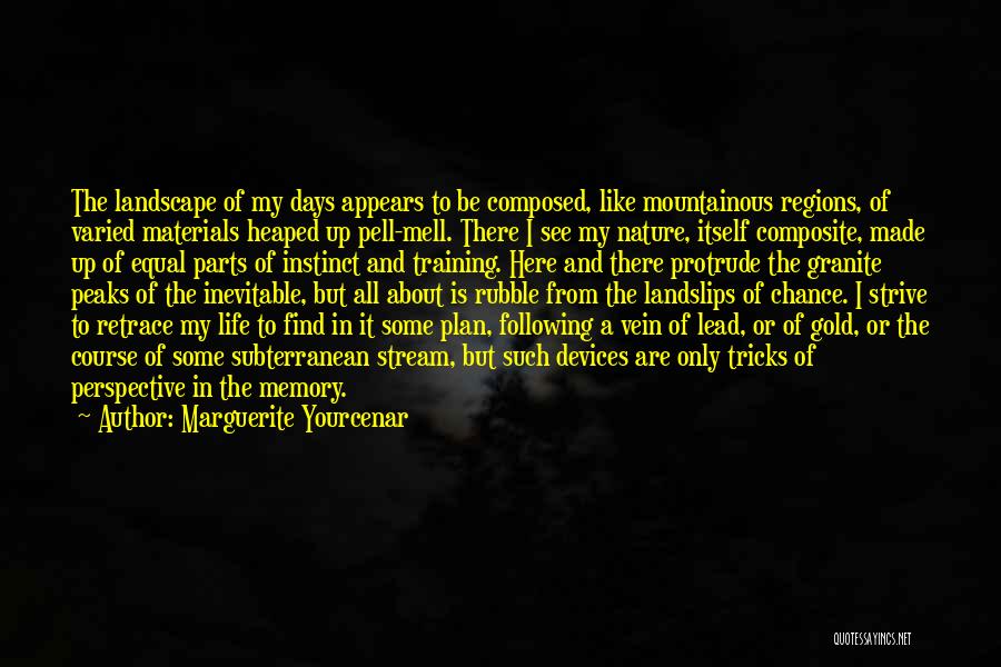 Marguerite Yourcenar Quotes: The Landscape Of My Days Appears To Be Composed, Like Mountainous Regions, Of Varied Materials Heaped Up Pell-mell. There I