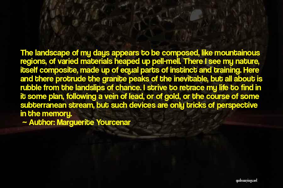 Marguerite Yourcenar Quotes: The Landscape Of My Days Appears To Be Composed, Like Mountainous Regions, Of Varied Materials Heaped Up Pell-mell. There I