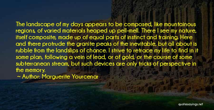 Marguerite Yourcenar Quotes: The Landscape Of My Days Appears To Be Composed, Like Mountainous Regions, Of Varied Materials Heaped Up Pell-mell. There I