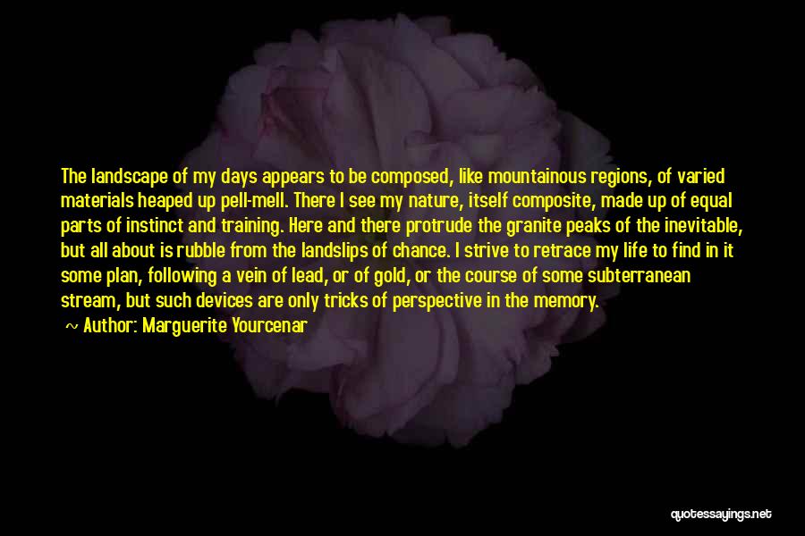 Marguerite Yourcenar Quotes: The Landscape Of My Days Appears To Be Composed, Like Mountainous Regions, Of Varied Materials Heaped Up Pell-mell. There I