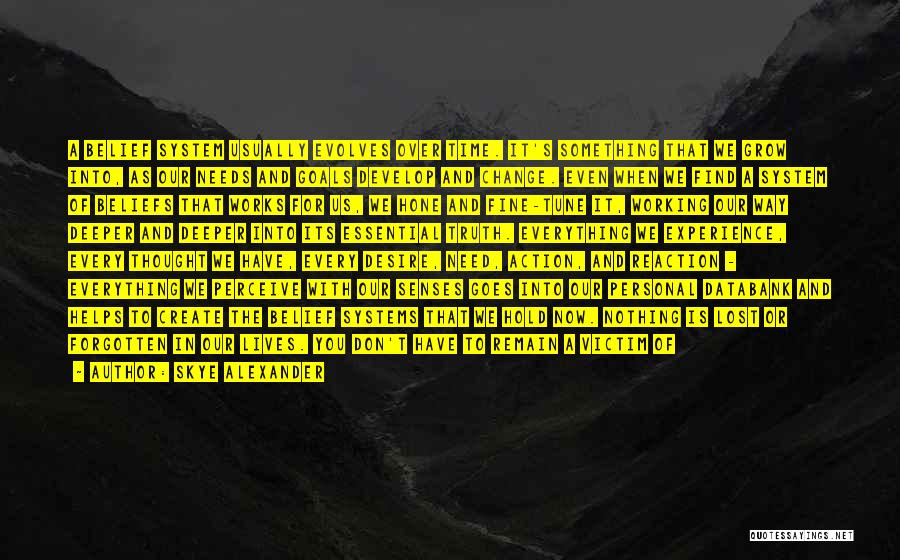 Skye Alexander Quotes: A Belief System Usually Evolves Over Time. It's Something That We Grow Into, As Our Needs And Goals Develop And