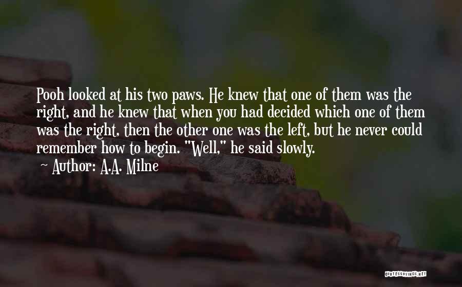 A.A. Milne Quotes: Pooh Looked At His Two Paws. He Knew That One Of Them Was The Right, And He Knew That When