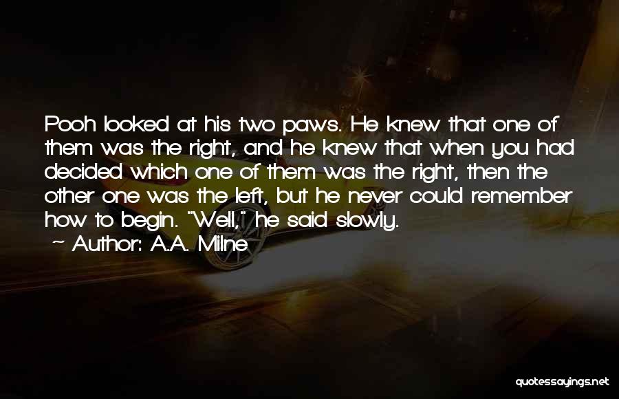 A.A. Milne Quotes: Pooh Looked At His Two Paws. He Knew That One Of Them Was The Right, And He Knew That When