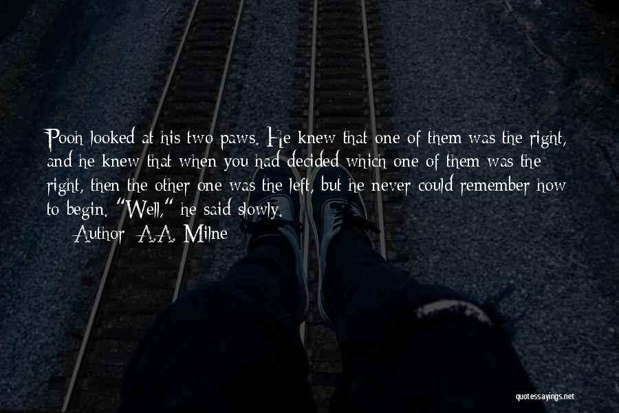 A.A. Milne Quotes: Pooh Looked At His Two Paws. He Knew That One Of Them Was The Right, And He Knew That When