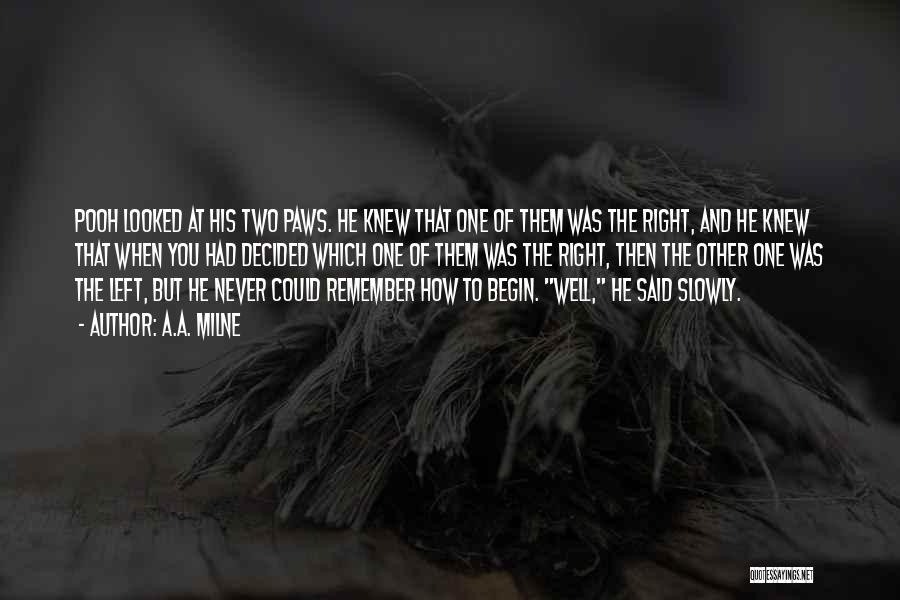 A.A. Milne Quotes: Pooh Looked At His Two Paws. He Knew That One Of Them Was The Right, And He Knew That When