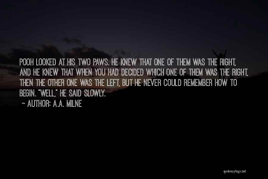A.A. Milne Quotes: Pooh Looked At His Two Paws. He Knew That One Of Them Was The Right, And He Knew That When