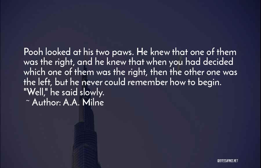 A.A. Milne Quotes: Pooh Looked At His Two Paws. He Knew That One Of Them Was The Right, And He Knew That When