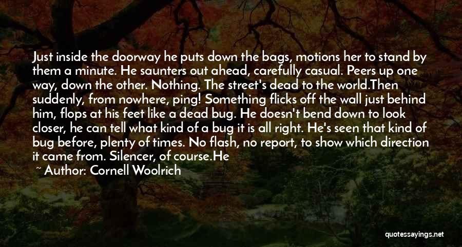 Cornell Woolrich Quotes: Just Inside The Doorway He Puts Down The Bags, Motions Her To Stand By Them A Minute. He Saunters Out