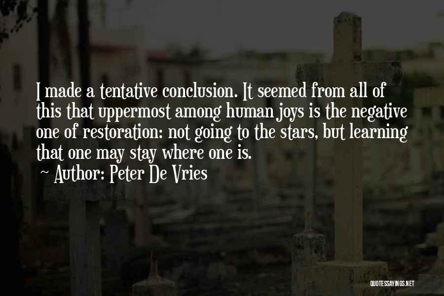 Peter De Vries Quotes: I Made A Tentative Conclusion. It Seemed From All Of This That Uppermost Among Human Joys Is The Negative One