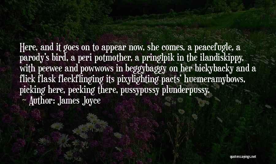 James Joyce Quotes: Here, And It Goes On To Appear Now, She Comes, A Peacefugle, A Parody's Bird, A Peri Potmother, A Pringlpik
