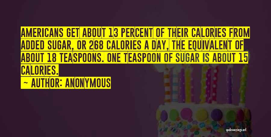 Anonymous Quotes: Americans Get About 13 Percent Of Their Calories From Added Sugar, Or 268 Calories A Day, The Equivalent Of About