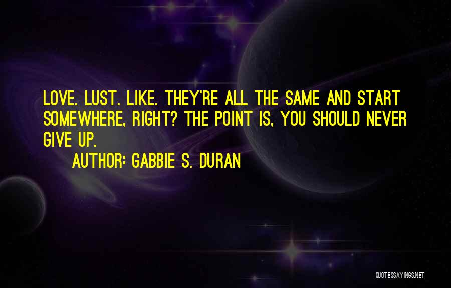 Gabbie S. Duran Quotes: Love. Lust. Like. They're All The Same And Start Somewhere, Right? The Point Is, You Should Never Give Up.