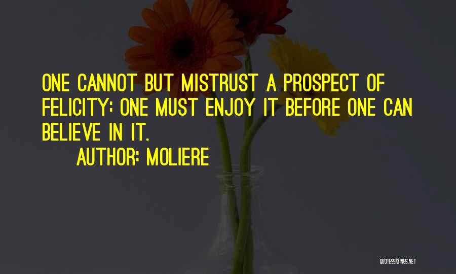 Moliere Quotes: One Cannot But Mistrust A Prospect Of Felicity: One Must Enjoy It Before One Can Believe In It.