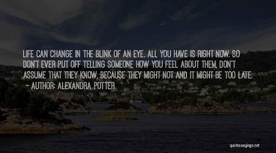 Alexandra Potter Quotes: Life Can Change In The Blink Of An Eye. All You Have Is Right Now. So Don't Ever Put Off