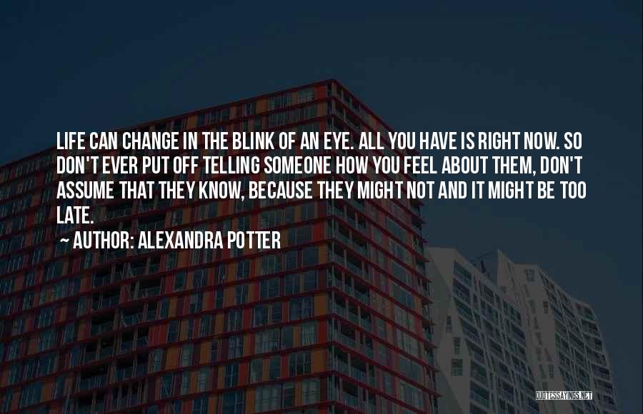 Alexandra Potter Quotes: Life Can Change In The Blink Of An Eye. All You Have Is Right Now. So Don't Ever Put Off