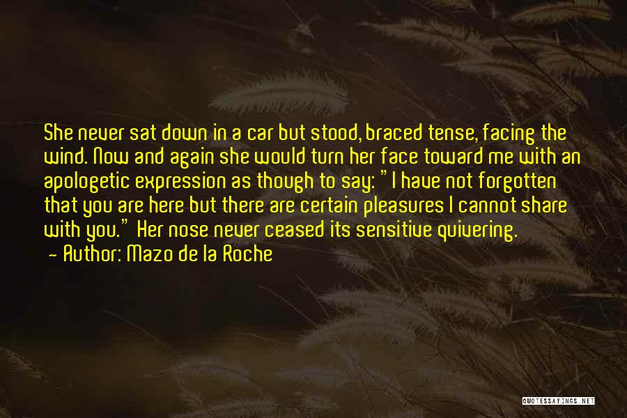 Mazo De La Roche Quotes: She Never Sat Down In A Car But Stood, Braced Tense, Facing The Wind. Now And Again She Would Turn