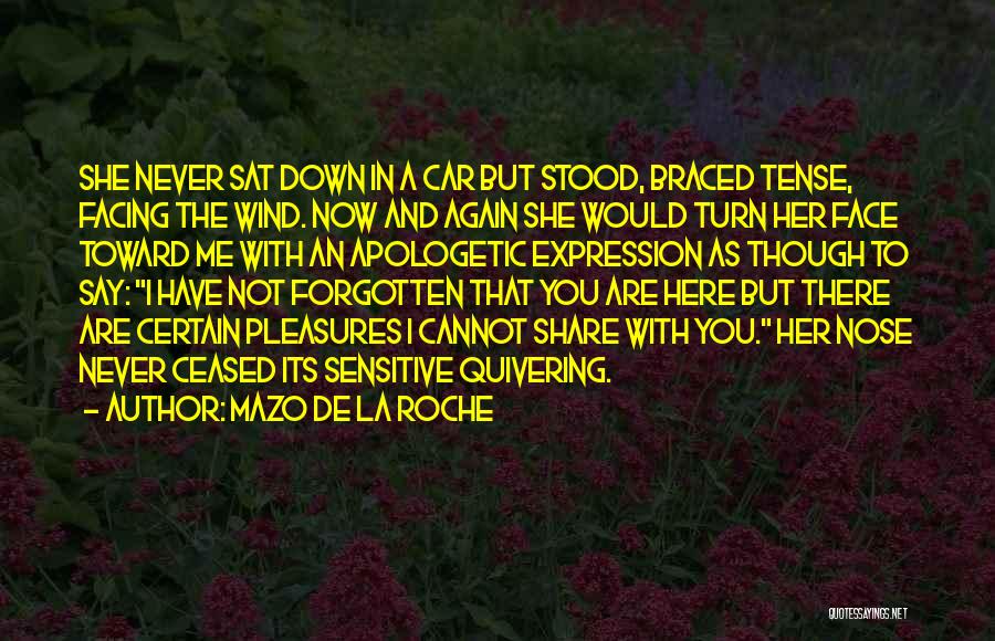 Mazo De La Roche Quotes: She Never Sat Down In A Car But Stood, Braced Tense, Facing The Wind. Now And Again She Would Turn