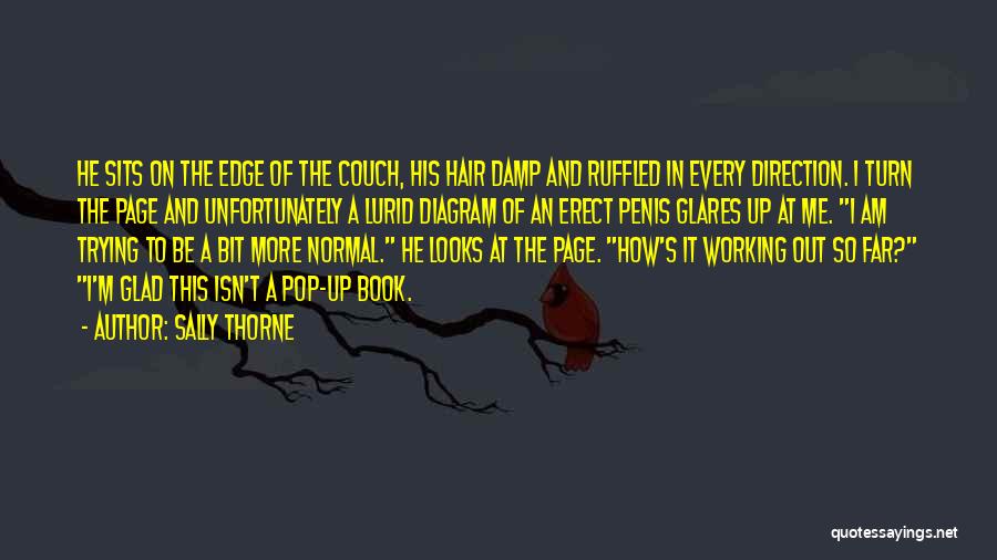 Sally Thorne Quotes: He Sits On The Edge Of The Couch, His Hair Damp And Ruffled In Every Direction. I Turn The Page