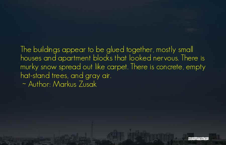 Markus Zusak Quotes: The Buildings Appear To Be Glued Together, Mostly Small Houses And Apartment Blocks That Looked Nervous. There Is Murky Snow