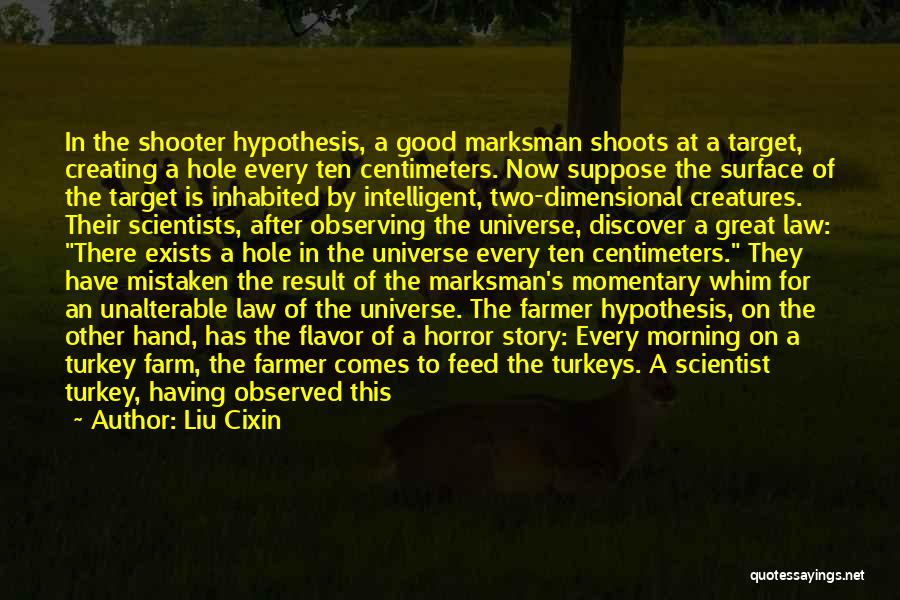 Liu Cixin Quotes: In The Shooter Hypothesis, A Good Marksman Shoots At A Target, Creating A Hole Every Ten Centimeters. Now Suppose The