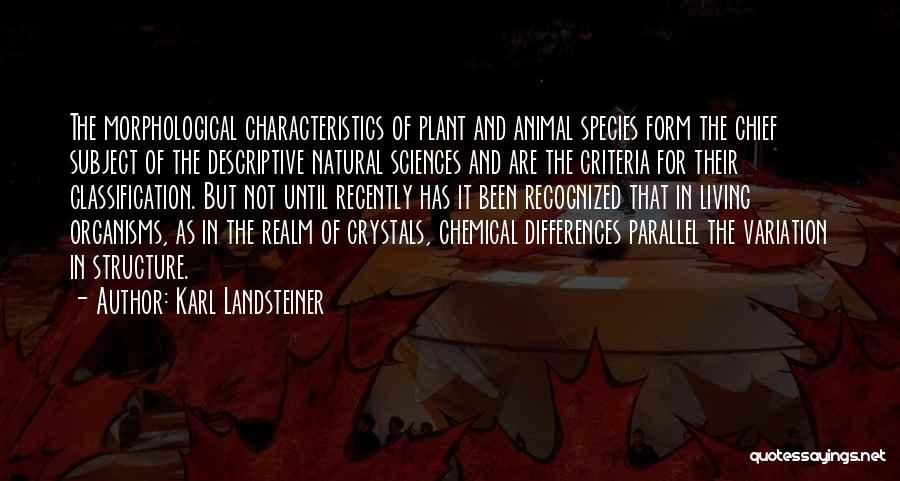 Karl Landsteiner Quotes: The Morphological Characteristics Of Plant And Animal Species Form The Chief Subject Of The Descriptive Natural Sciences And Are The