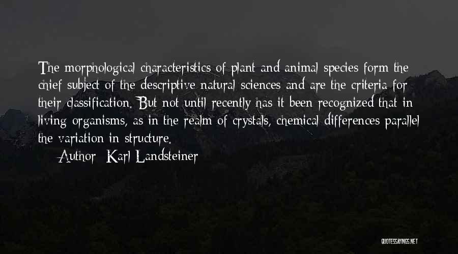 Karl Landsteiner Quotes: The Morphological Characteristics Of Plant And Animal Species Form The Chief Subject Of The Descriptive Natural Sciences And Are The