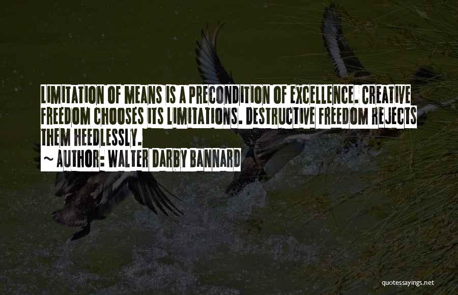 Walter Darby Bannard Quotes: Limitation Of Means Is A Precondition Of Excellence. Creative Freedom Chooses Its Limitations. Destructive Freedom Rejects Them Heedlessly.