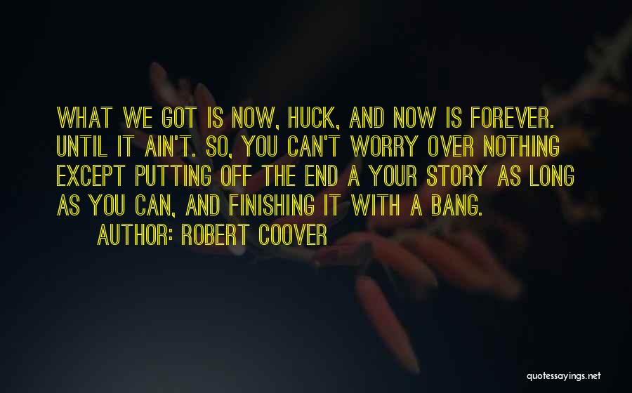 Robert Coover Quotes: What We Got Is Now, Huck, And Now Is Forever. Until It Ain't. So, You Can't Worry Over Nothing Except