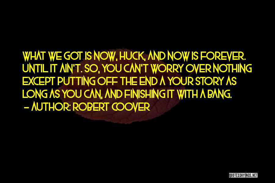 Robert Coover Quotes: What We Got Is Now, Huck, And Now Is Forever. Until It Ain't. So, You Can't Worry Over Nothing Except