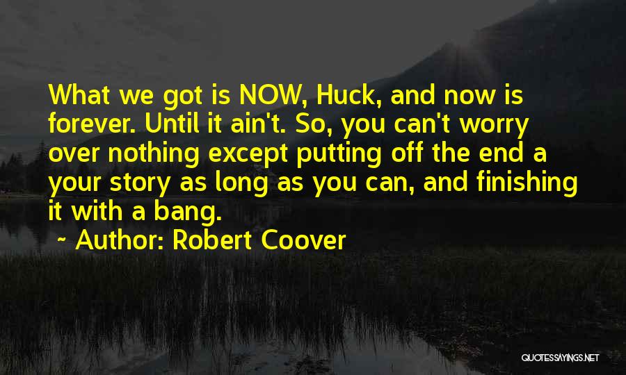 Robert Coover Quotes: What We Got Is Now, Huck, And Now Is Forever. Until It Ain't. So, You Can't Worry Over Nothing Except