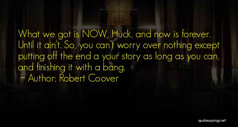 Robert Coover Quotes: What We Got Is Now, Huck, And Now Is Forever. Until It Ain't. So, You Can't Worry Over Nothing Except