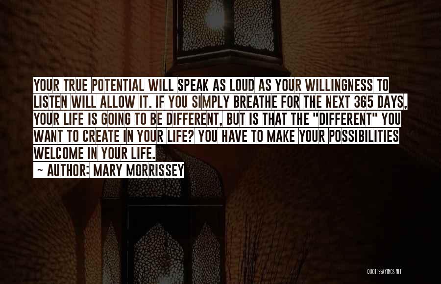 Mary Morrissey Quotes: Your True Potential Will Speak As Loud As Your Willingness To Listen Will Allow It. If You Simply Breathe For