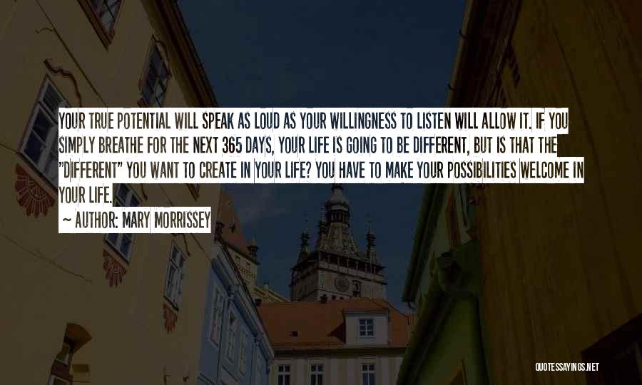 Mary Morrissey Quotes: Your True Potential Will Speak As Loud As Your Willingness To Listen Will Allow It. If You Simply Breathe For