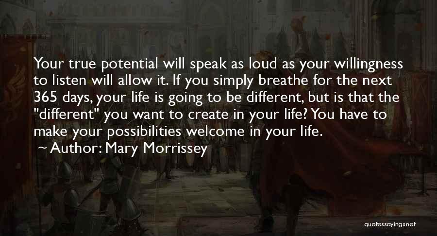 Mary Morrissey Quotes: Your True Potential Will Speak As Loud As Your Willingness To Listen Will Allow It. If You Simply Breathe For