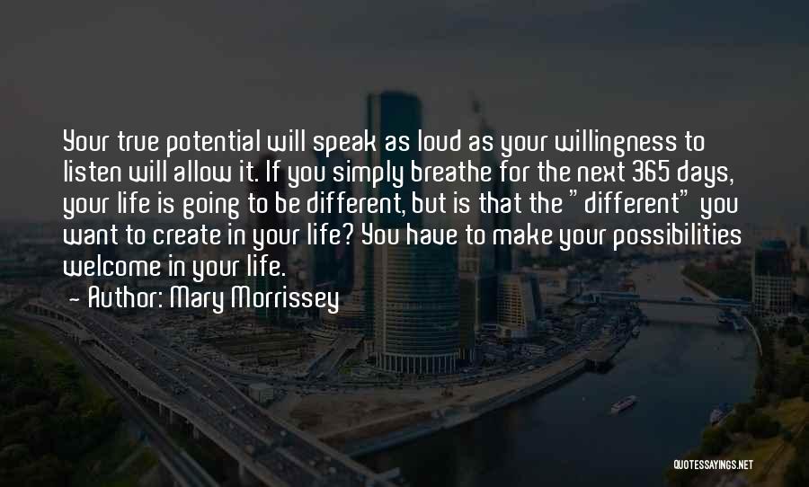 Mary Morrissey Quotes: Your True Potential Will Speak As Loud As Your Willingness To Listen Will Allow It. If You Simply Breathe For