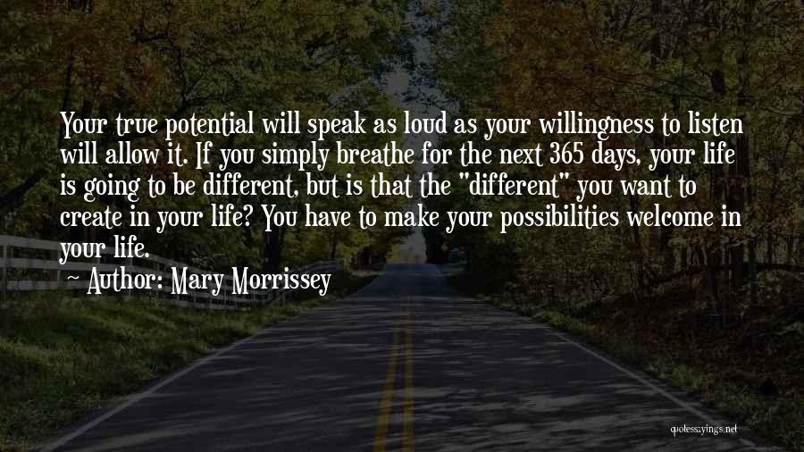 Mary Morrissey Quotes: Your True Potential Will Speak As Loud As Your Willingness To Listen Will Allow It. If You Simply Breathe For