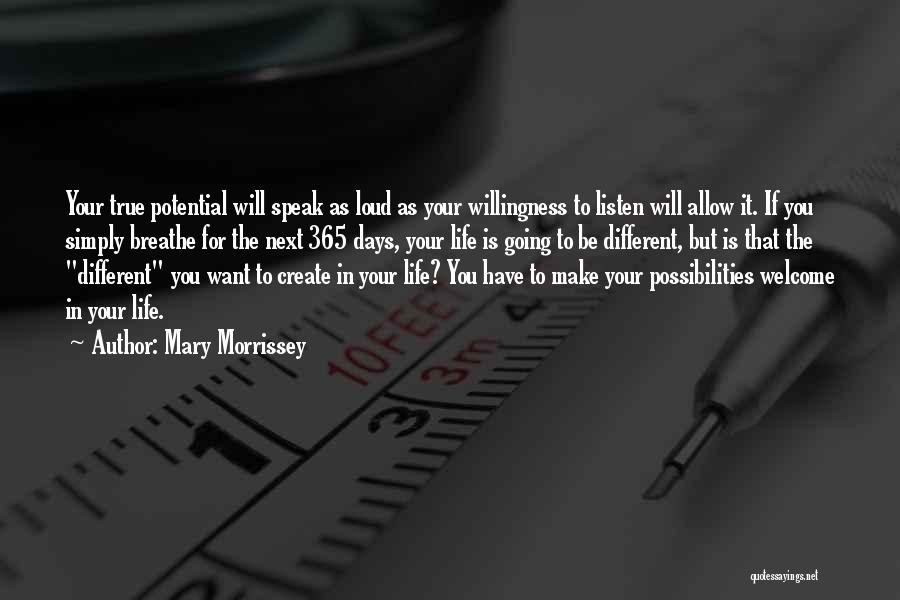 Mary Morrissey Quotes: Your True Potential Will Speak As Loud As Your Willingness To Listen Will Allow It. If You Simply Breathe For