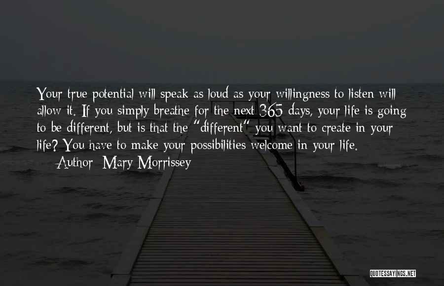 Mary Morrissey Quotes: Your True Potential Will Speak As Loud As Your Willingness To Listen Will Allow It. If You Simply Breathe For