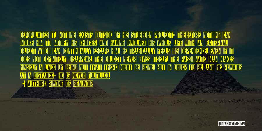 Simone De Beauvoir Quotes: Depopulates It. Nothing Exists Outside Of His Stubborn Project; Therefore Nothing Can Induce Him To Modify His Choices. And Having