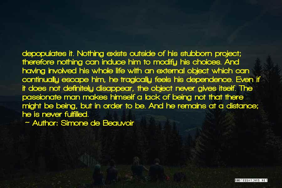 Simone De Beauvoir Quotes: Depopulates It. Nothing Exists Outside Of His Stubborn Project; Therefore Nothing Can Induce Him To Modify His Choices. And Having