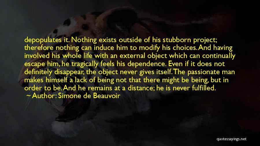 Simone De Beauvoir Quotes: Depopulates It. Nothing Exists Outside Of His Stubborn Project; Therefore Nothing Can Induce Him To Modify His Choices. And Having