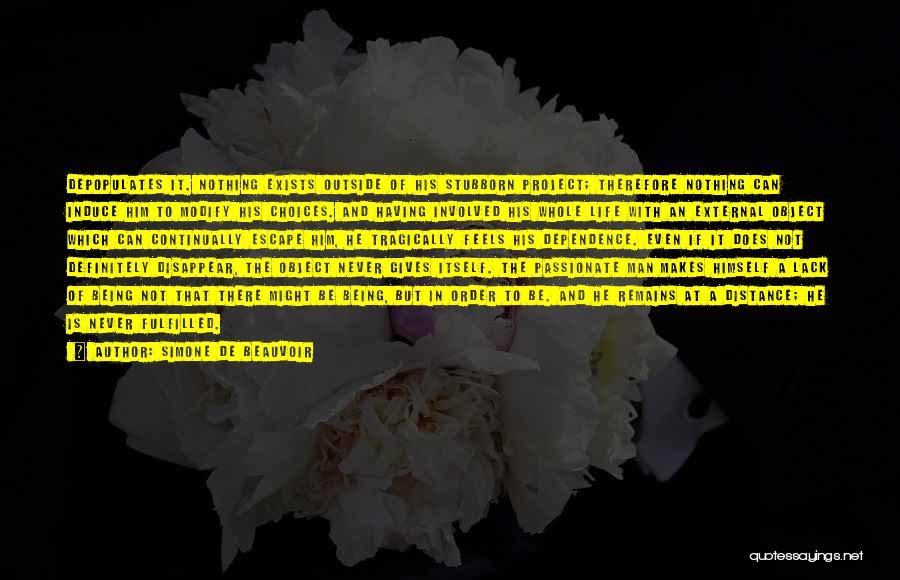 Simone De Beauvoir Quotes: Depopulates It. Nothing Exists Outside Of His Stubborn Project; Therefore Nothing Can Induce Him To Modify His Choices. And Having