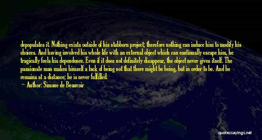 Simone De Beauvoir Quotes: Depopulates It. Nothing Exists Outside Of His Stubborn Project; Therefore Nothing Can Induce Him To Modify His Choices. And Having