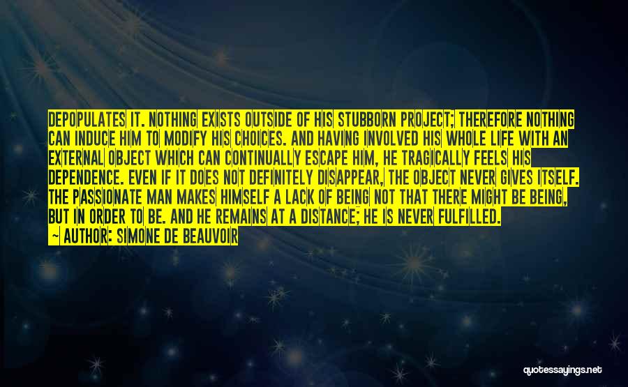 Simone De Beauvoir Quotes: Depopulates It. Nothing Exists Outside Of His Stubborn Project; Therefore Nothing Can Induce Him To Modify His Choices. And Having