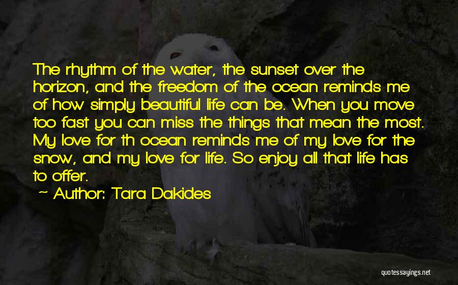 Tara Dakides Quotes: The Rhythm Of The Water, The Sunset Over The Horizon, And The Freedom Of The Ocean Reminds Me Of How