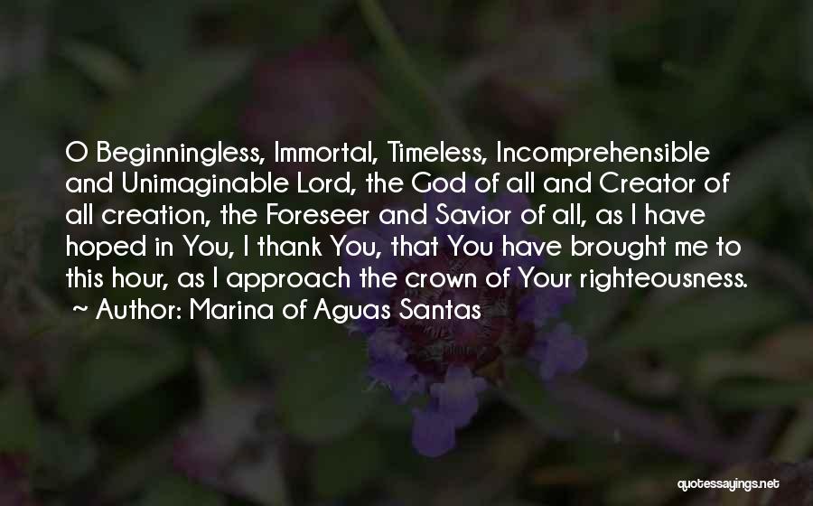 Marina Of Aguas Santas Quotes: O Beginningless, Immortal, Timeless, Incomprehensible And Unimaginable Lord, The God Of All And Creator Of All Creation, The Foreseer And