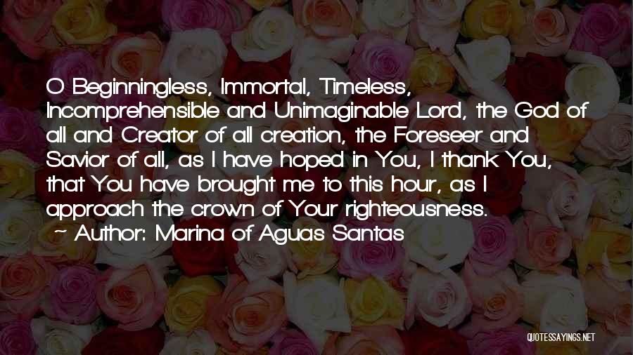 Marina Of Aguas Santas Quotes: O Beginningless, Immortal, Timeless, Incomprehensible And Unimaginable Lord, The God Of All And Creator Of All Creation, The Foreseer And