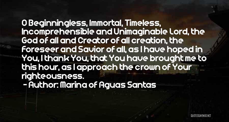 Marina Of Aguas Santas Quotes: O Beginningless, Immortal, Timeless, Incomprehensible And Unimaginable Lord, The God Of All And Creator Of All Creation, The Foreseer And