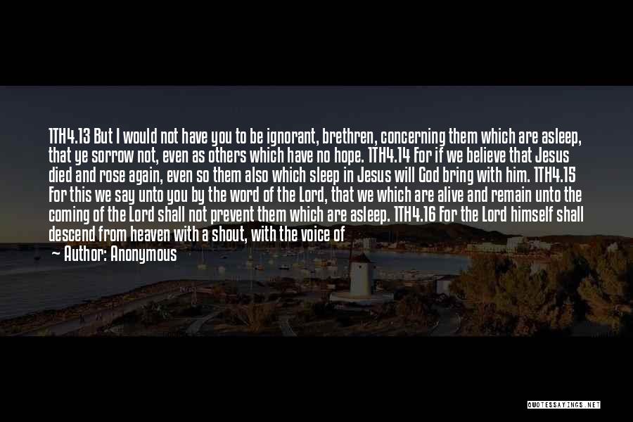 Anonymous Quotes: 1th4.13 But I Would Not Have You To Be Ignorant, Brethren, Concerning Them Which Are Asleep, That Ye Sorrow Not,