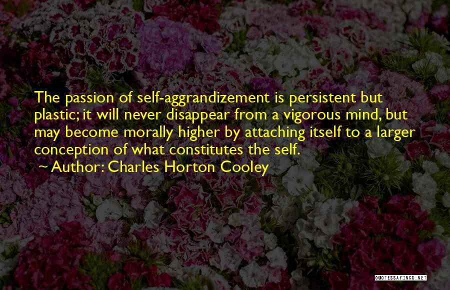 Charles Horton Cooley Quotes: The Passion Of Self-aggrandizement Is Persistent But Plastic; It Will Never Disappear From A Vigorous Mind, But May Become Morally